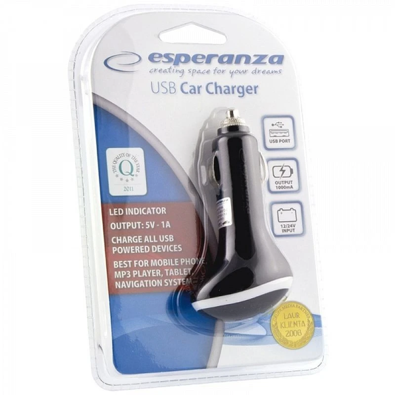 Adaptor auto USB Esperanza 12/24V cu LED, 1 port USB, 5V 1A, negru