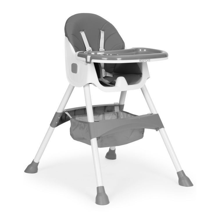 Scaun de masă Homelux pliabil pentru copii, tavă dublă și coș, gri