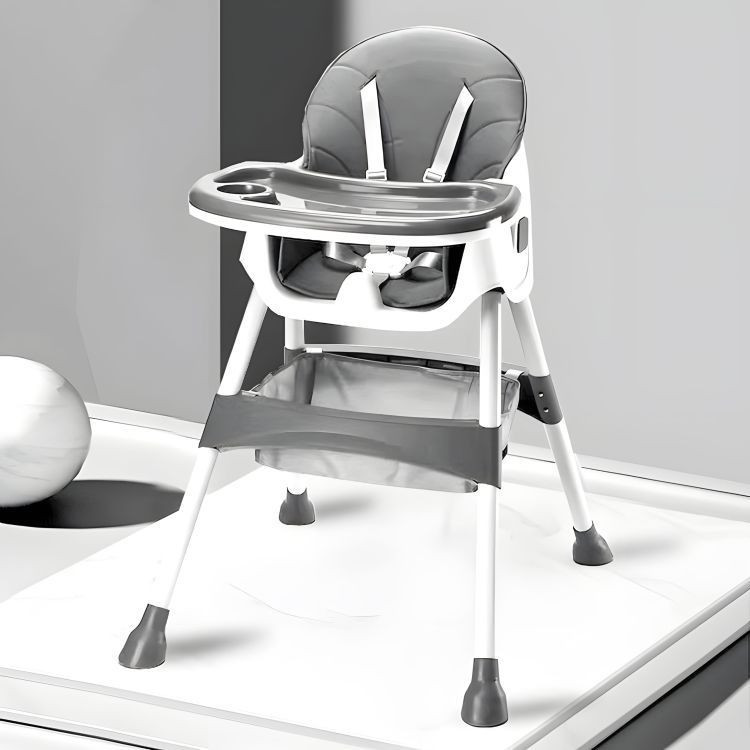 Scaun de masă Homelux pliabil pentru copii, tavă dublă și coș, gri