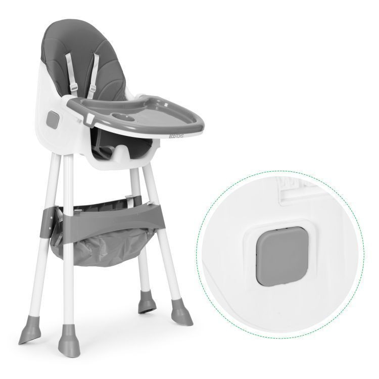 Scaun de masă Homelux pliabil pentru copii, tavă dublă și coș, gri