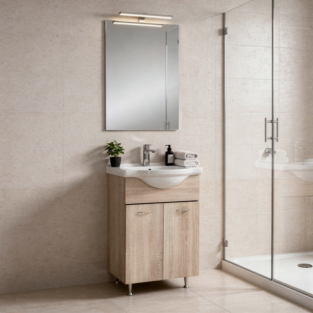 Set mobilier baie Leziter Ruben Prime 55 cu lavoar ceramic si oglinda, Sonoma