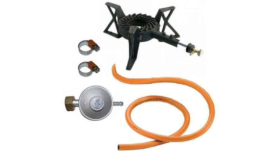 Set arzator pe gaz din fonta cu 3 picioare, furtun si regulator PB 30 mbar