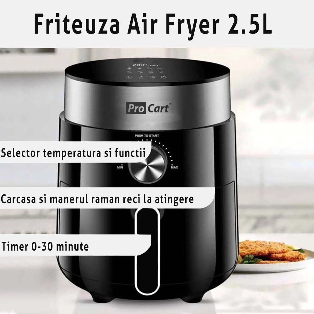 Friteuză cu aer cald ProCart AirFryer 1200W, 2.5L, display digital LED, negru-gri