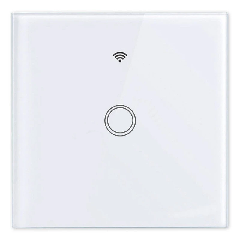 Intrerupator smart touch WiFi simplu, panou sticla alba, Tuya Android/iOS, LED