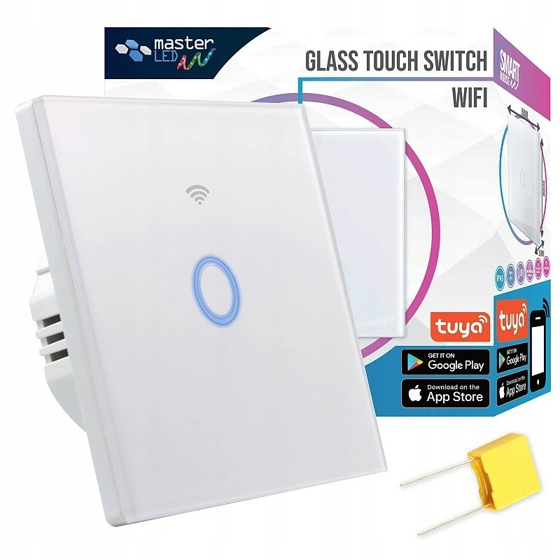 Intrerupator smart touch WiFi simplu, panou sticla alba, Tuya Android/iOS, LED