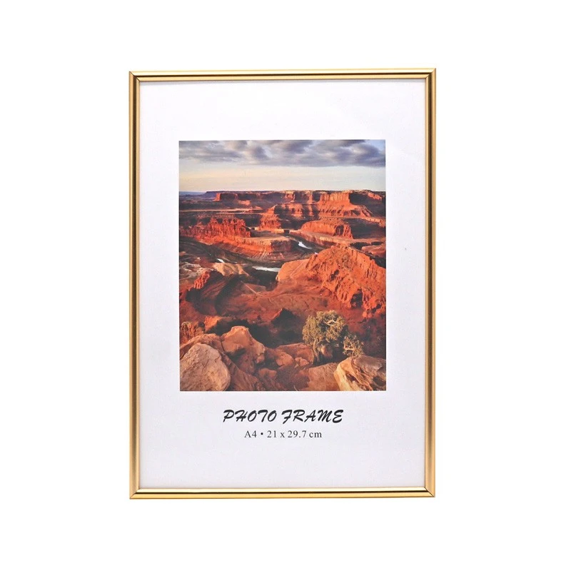 Ramă foto A4 de birou, aluminiu auriu, cu plexiglas și suport din lemn