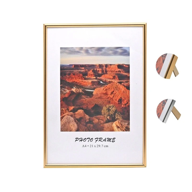 Ramă foto A4 de birou, aluminiu auriu, cu plexiglas și suport din lemn