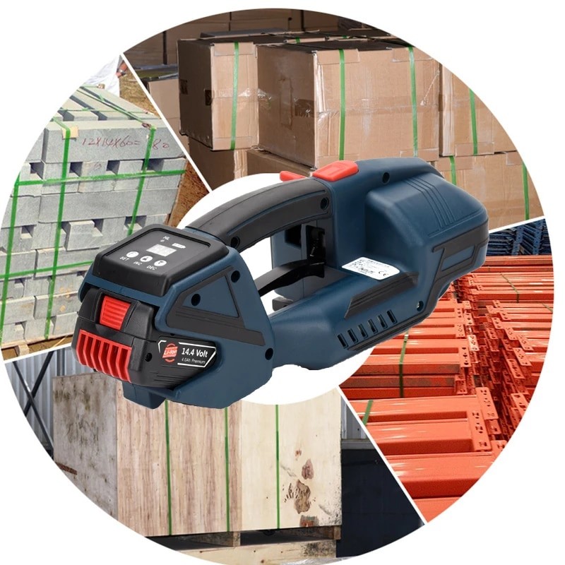 Aparat electric portabil pentru legat bandă PP/PET 12–16,5 mm, cu acumulator