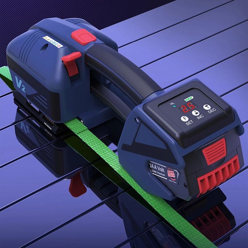 Aparat electric portabil pentru legat bandă PP/PET 12–16,5 mm, cu acumulator