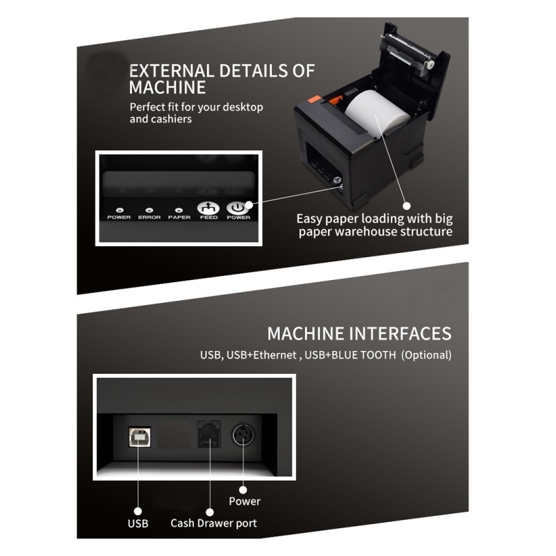 Imprimantă termică POS 80 mm cu Bluetooth și USB, 220–300 mm/s, Windows/Android/iOS