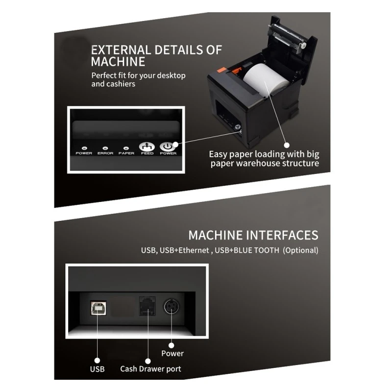 Imprimantă termică POS 80 mm cu Bluetooth și USB, 220–300 mm/s, Windows/Android/iOS