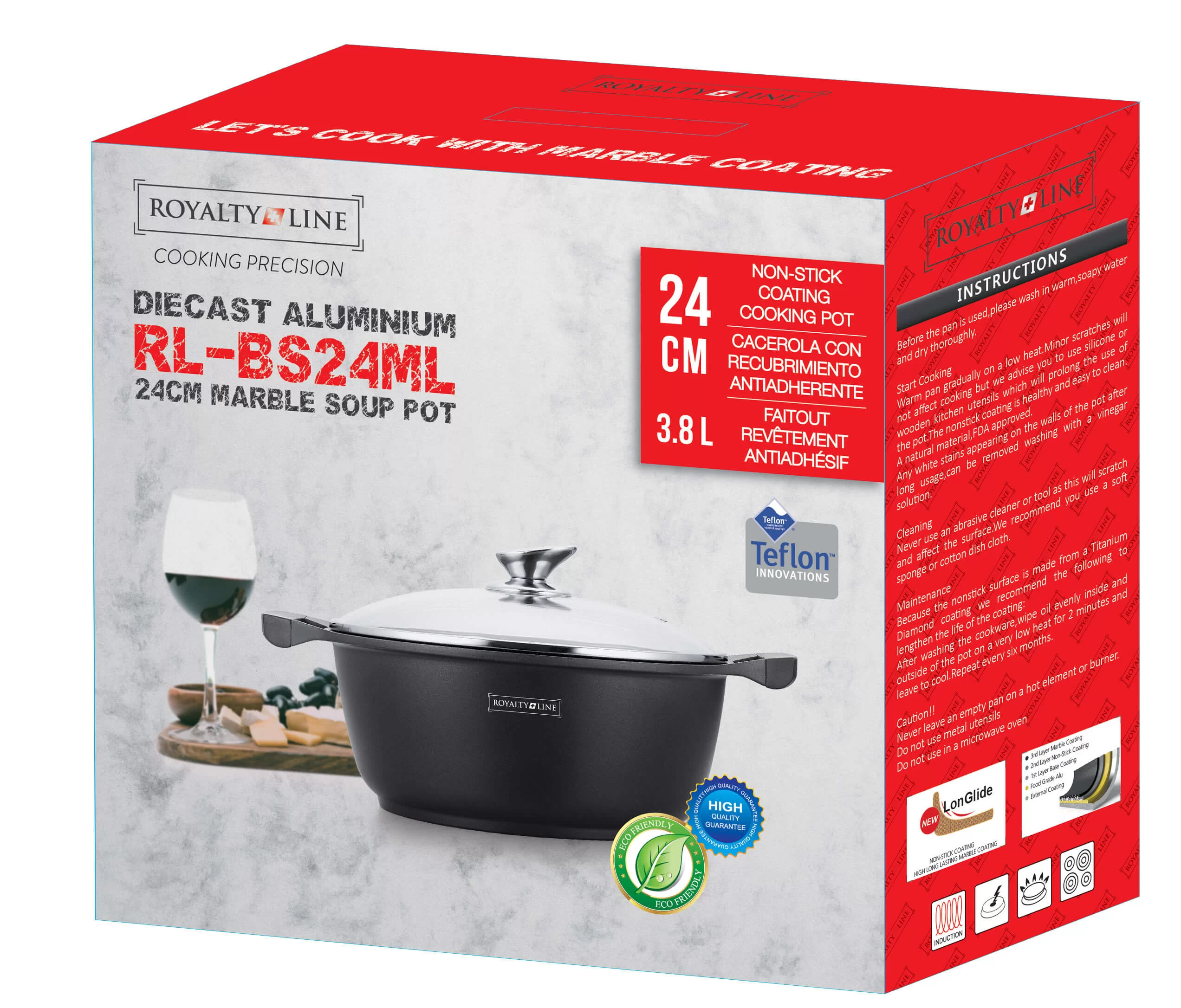 Oală antiaderentă Royalty Line 3,8 L cu acoperire marmură, capac sticlă