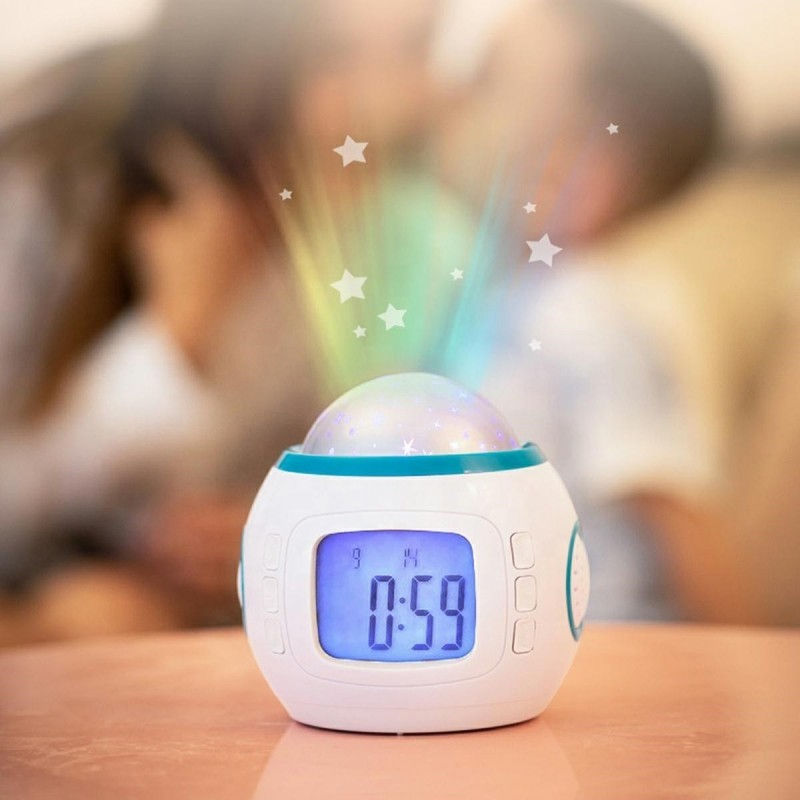 Ceas deșteptător LED cu proiector de stele, calendar și termometru, alb