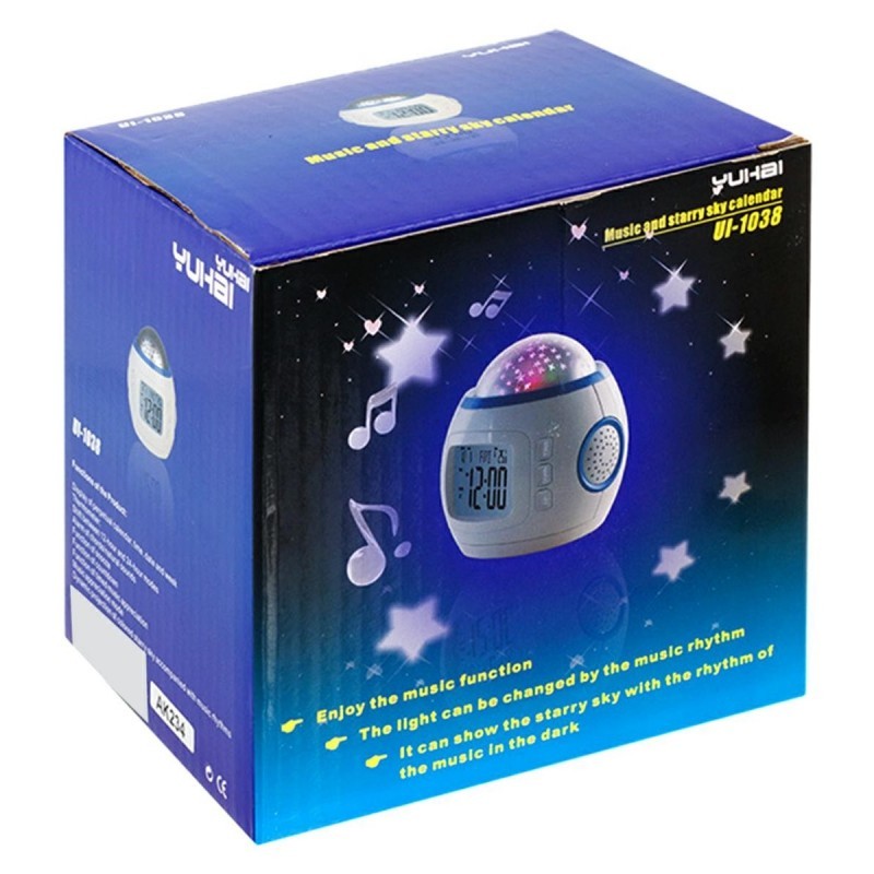 Ceas deșteptător LED cu proiector de stele, calendar și termometru, alb