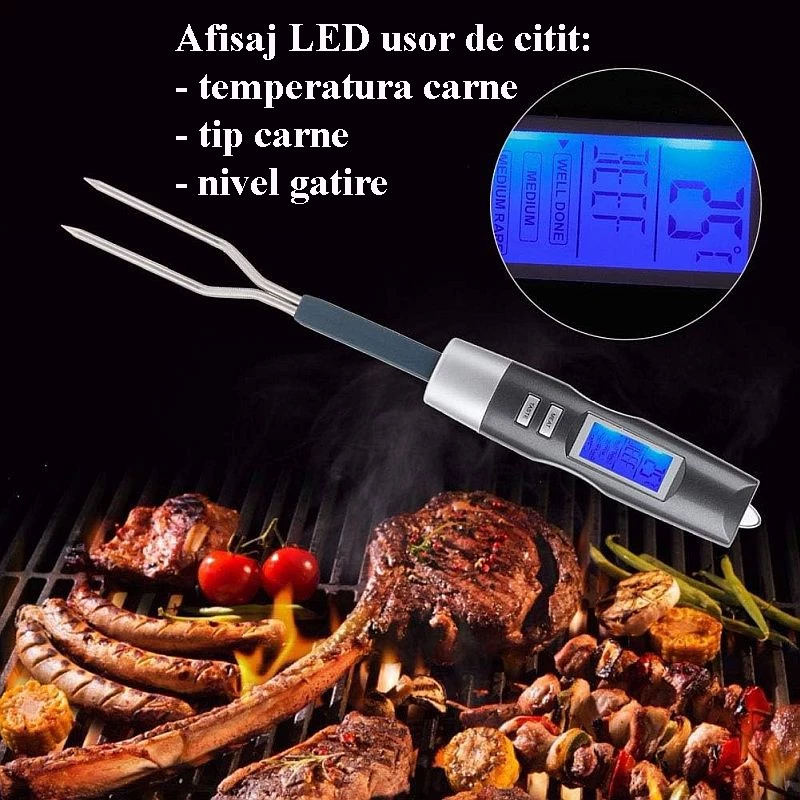 Termometru digital pentru carne cu sonda tip furculita, 6 tipuri carne, LED