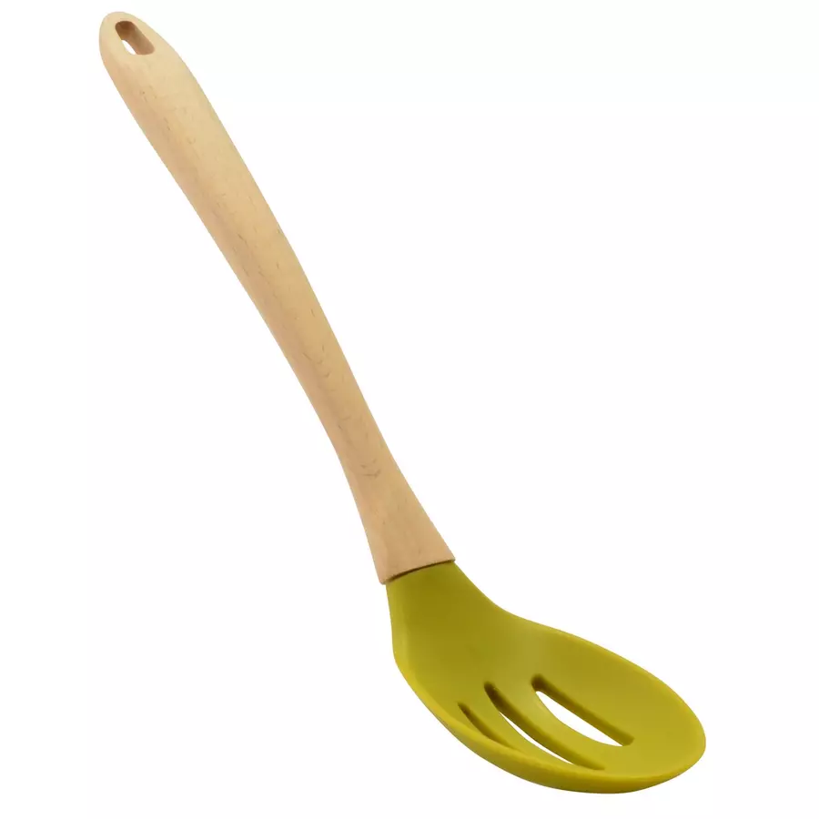 Lingură de servire cu sită din silicon, mâner din lemn, rezistentă la 240°C