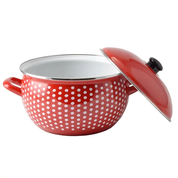 Oală emailată Perfect Home 6 L cu capac, roșie cu buline, 24 cm