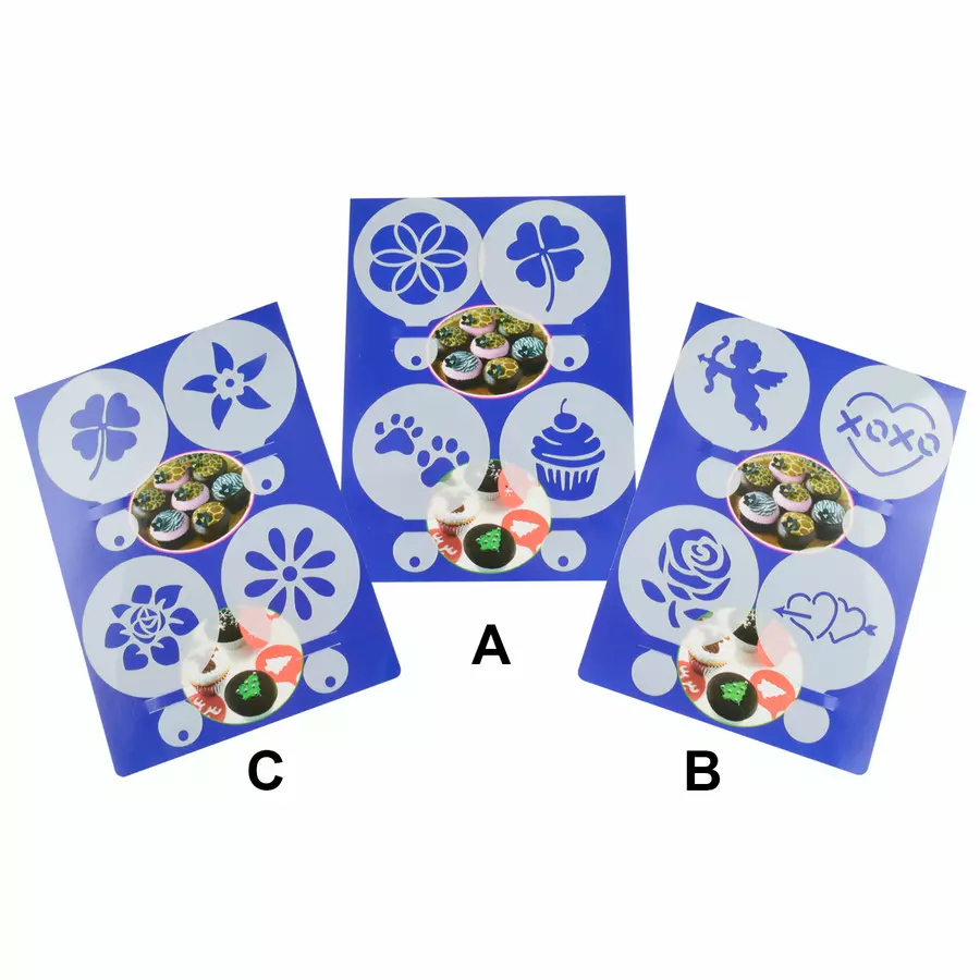 Set 4 șabloane pentru decorare cappuccino și prăjituri, plastic 8 cm