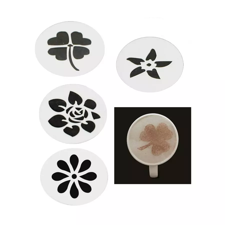 Set 4 șabloane pentru decorare cappuccino și prăjituri, plastic 8 cm