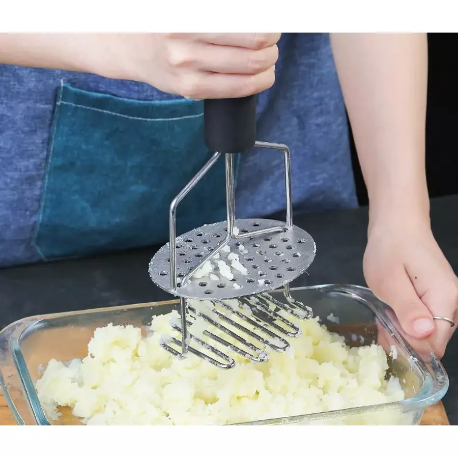 Zdrobitor de cartofi din inox cu mâner cauciucat și suprafață dublă, 24,5 cm