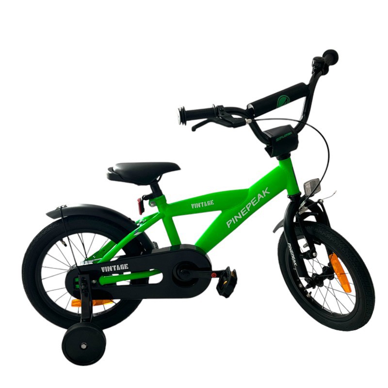 Bicicletă copii 14 inch verde, cu roți ajutătoare detașabile și frâne V-Brake