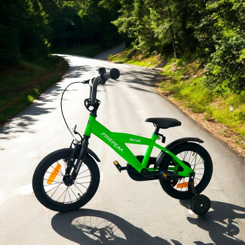 Bicicletă copii 14 inch verde, cu roți ajutătoare detașabile și frâne V-Brake