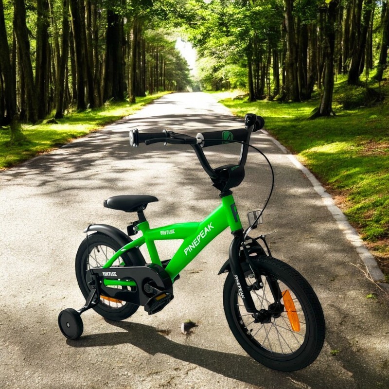 Bicicletă copii 14 inch verde, cu roți ajutătoare detașabile și frâne V-Brake