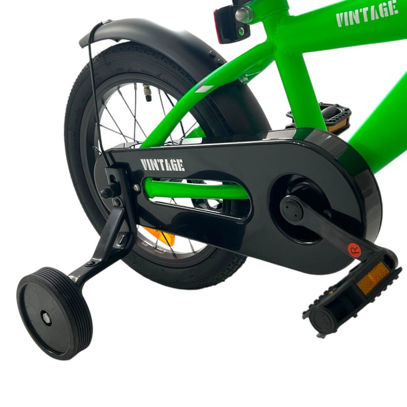 Bicicletă copii 14 inch verde, cu roți ajutătoare detașabile și frâne V-Brake