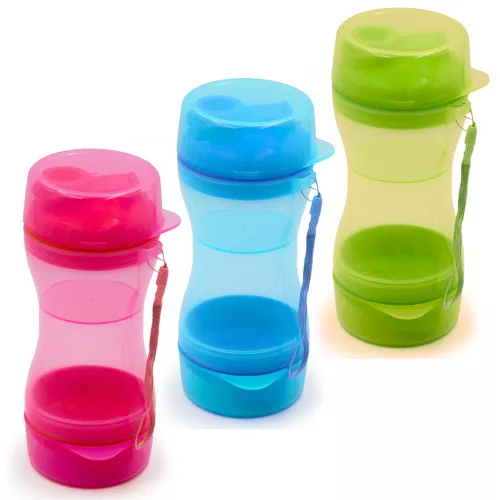 Sticlă de călătorie pentru câini 330 ml, cu 2 boluri pentru apă și hrană