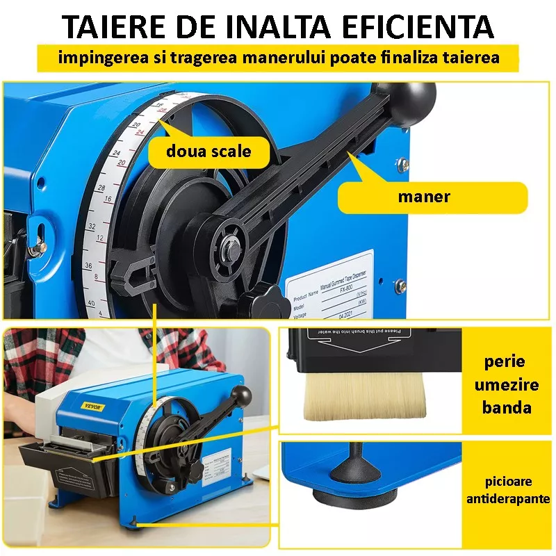 Dispenser manual pentru bandă umectibilă, cu reglaj 20–80 mm și rezervor apă