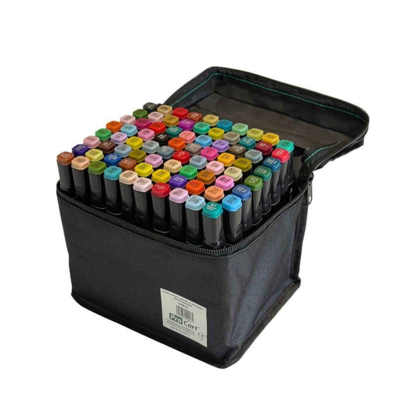 Set 80 markere cu varf dublu, culori diverse, geanta depozitare inclusa