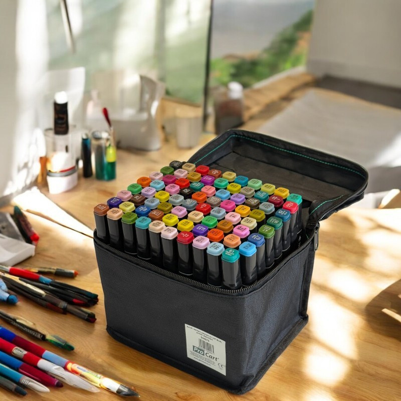 Set 80 markere cu varf dublu, culori diverse, geanta depozitare inclusa