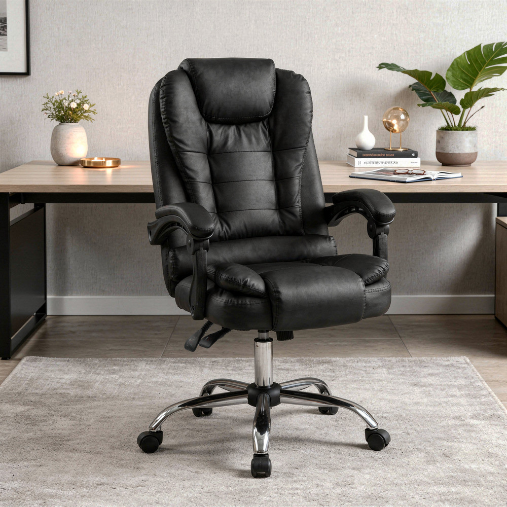 Scaun de birou pivotant Leziter Optima, negru, spatar inalt, piele PU