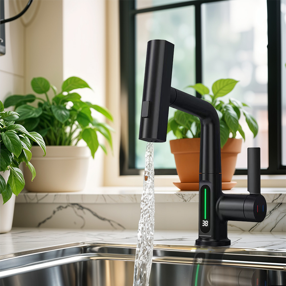 Robinet bucătărie Leziter Mara negru, mixer multifuncțional cu afișaj digital