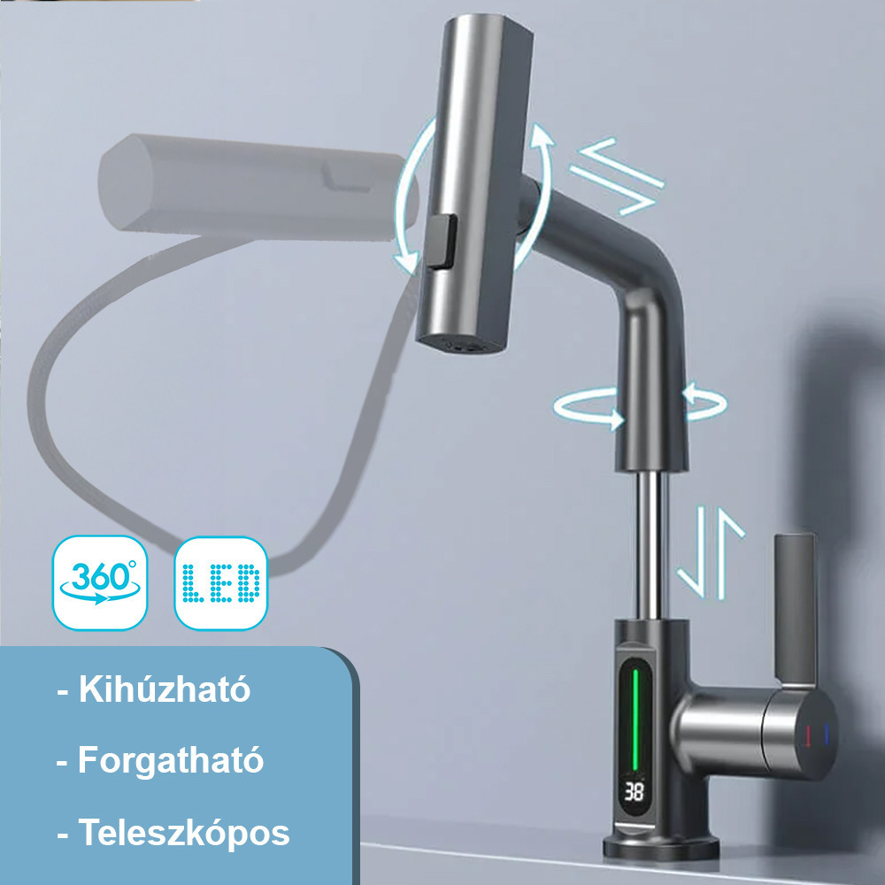 Robinet mixer bucătărie Leziter Mara gri, cap multifuncțional și afișaj digital