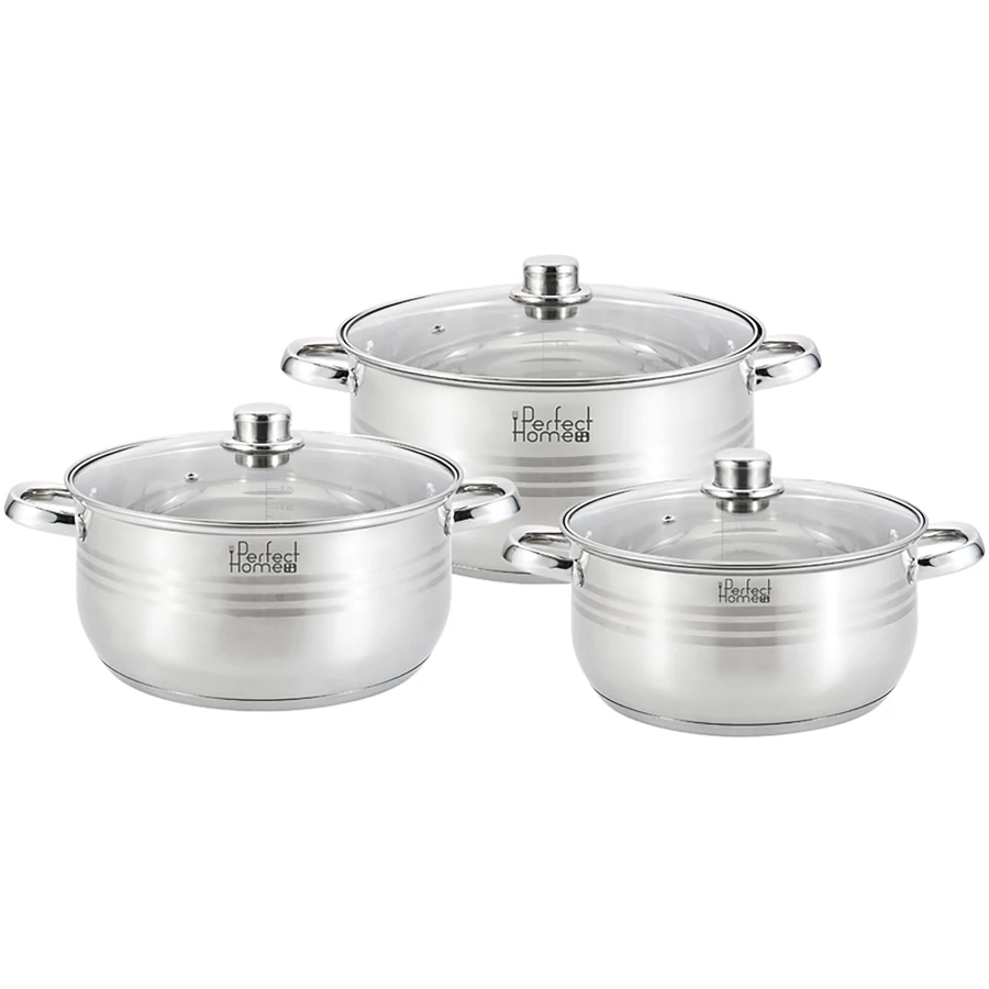Set 3 oale din inox cu capace din sticlă 5,5/7/8,5 L Perfect Home