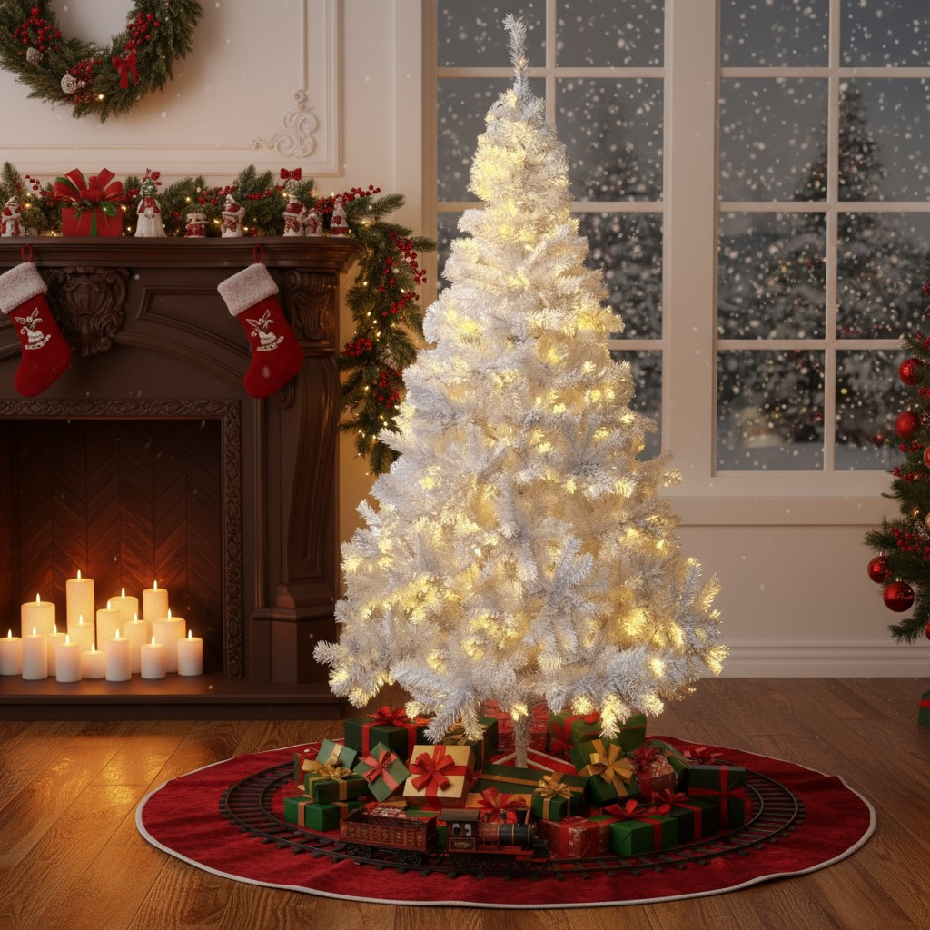 Brad artificial alb iluminat 195 cm, 360 LED alb cald, 936 ramuri, suport metalic