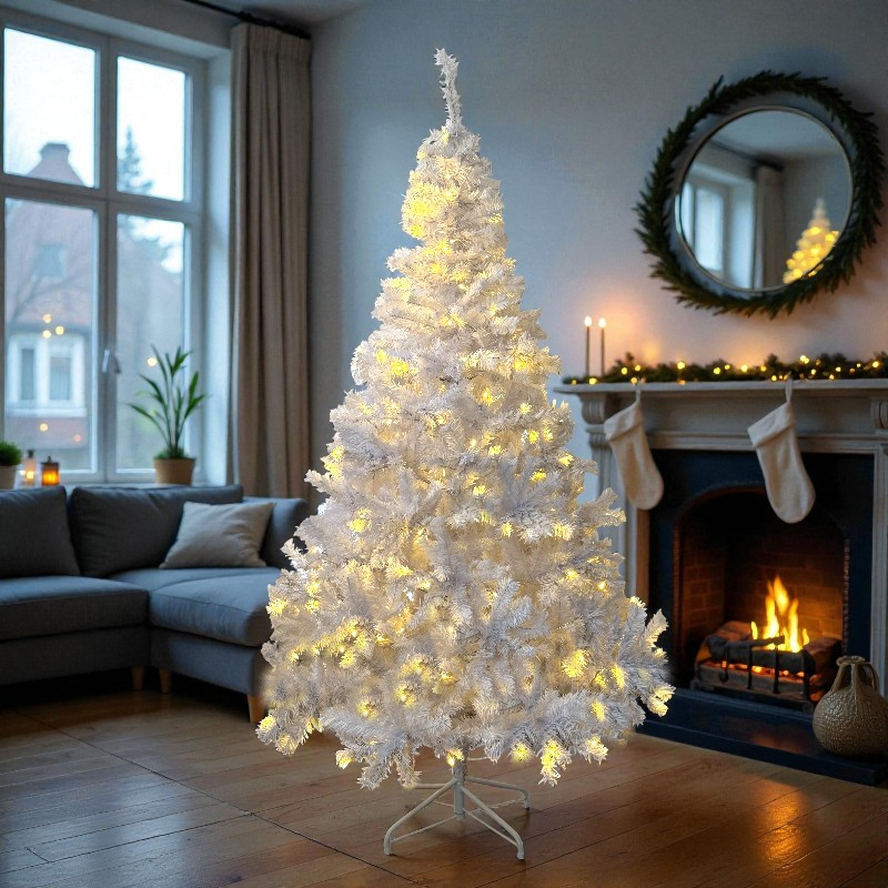 Brad artificial alb iluminat 195 cm, 360 LED alb cald, 936 ramuri, suport metalic