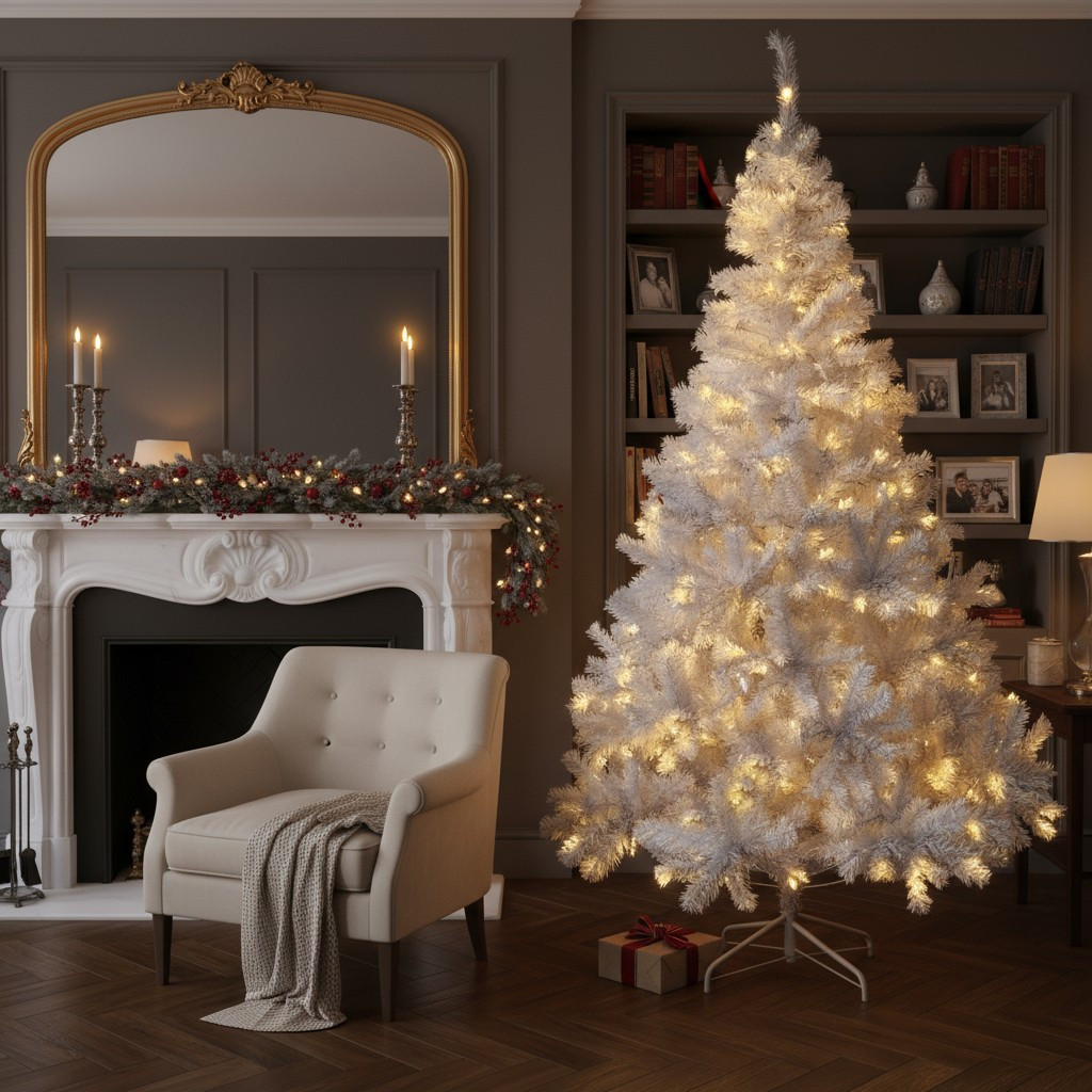 Brad artificial alb iluminat 195 cm, 360 LED alb cald, 936 ramuri, suport metalic