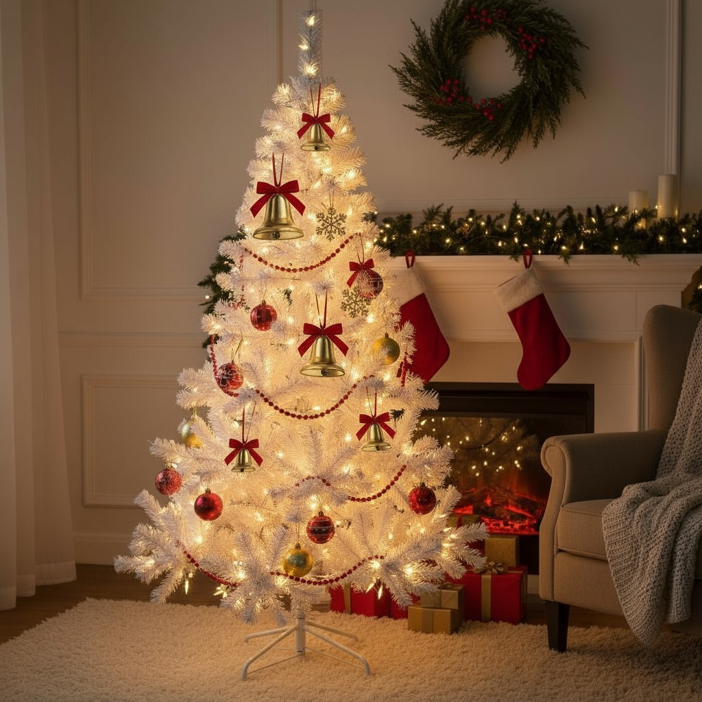 Brad artificial alb iluminat 195 cm, 360 LED alb cald, 936 ramuri, suport metalic