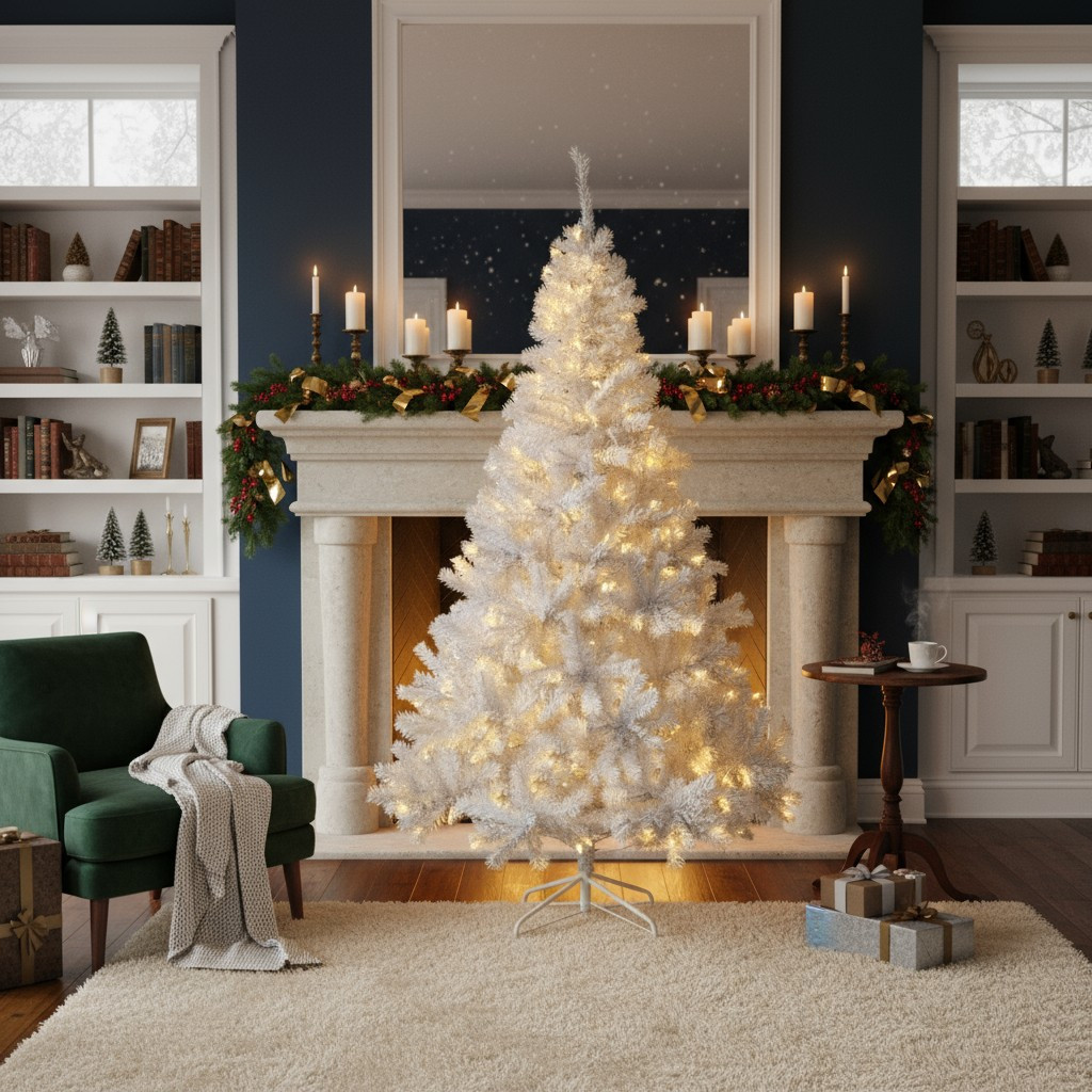 Brad artificial alb iluminat 195 cm, 360 LED alb cald, 936 ramuri, suport metalic