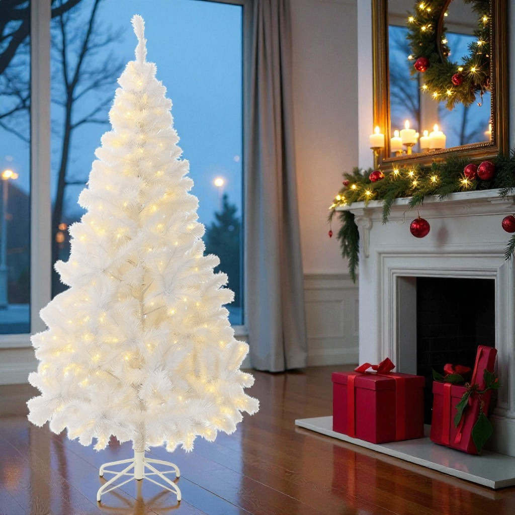 Brad artificial alb iluminat 195 cm, 360 LED alb cald, 936 ramuri, suport metalic