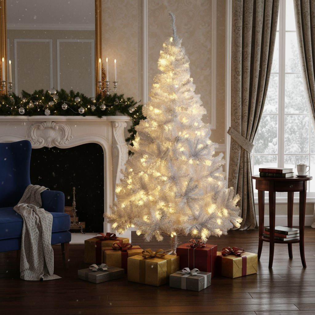 Brad artificial alb iluminat 195 cm, 360 LED alb cald, 936 ramuri, suport metalic