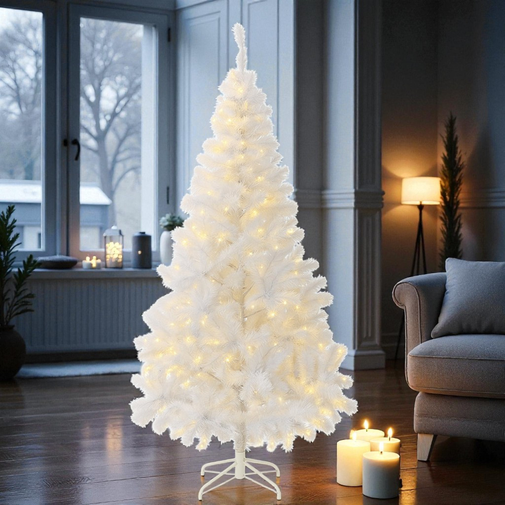 Brad artificial alb iluminat 195 cm, 360 LED alb cald, 936 ramuri, suport metalic