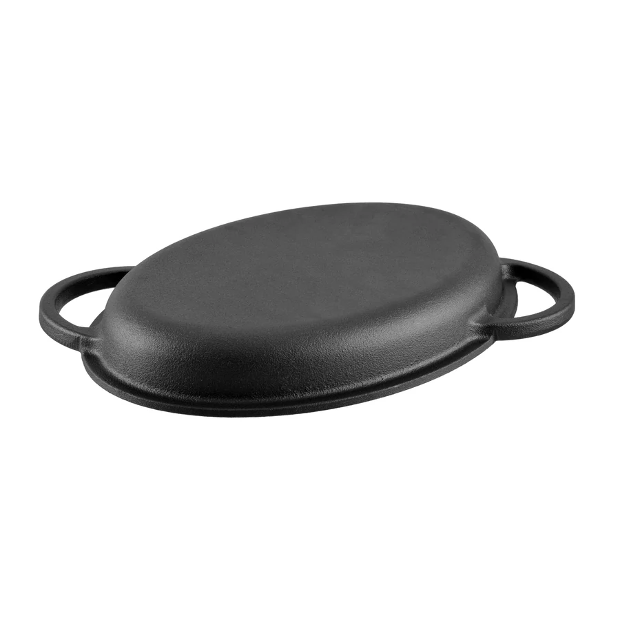 Tavă ovală din fontă 2 în 1 cu capac, 32x22 cm, mânere laterale