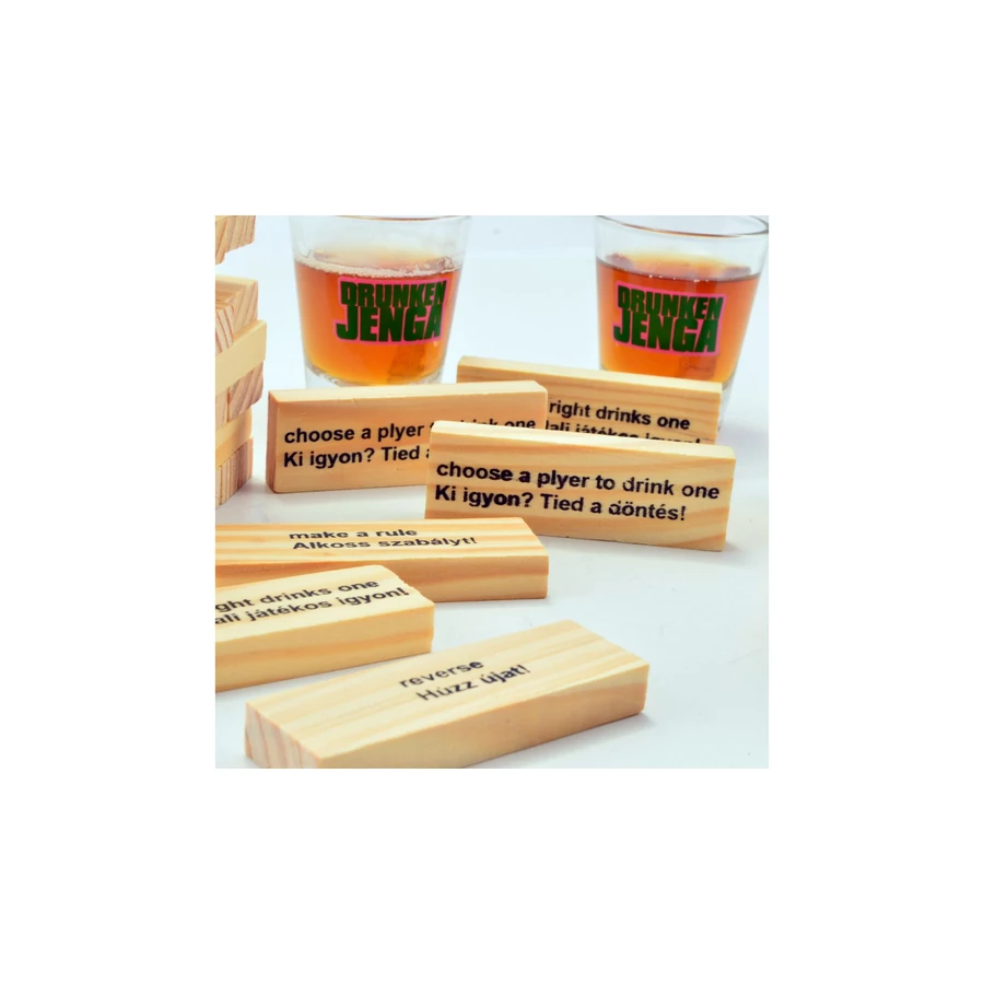 Jenga de băut din lemn cu 60 piese și 4 pahare – joc de petrecere 18+