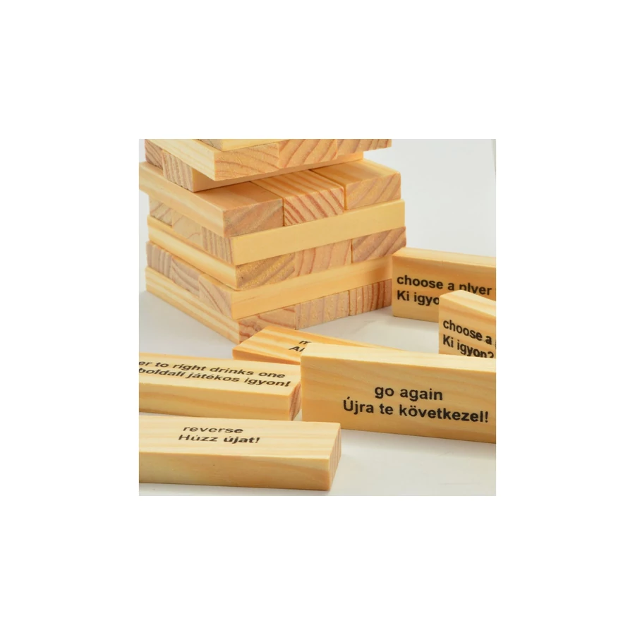 Jenga de băut din lemn cu 60 piese și 4 pahare – joc de petrecere 18+