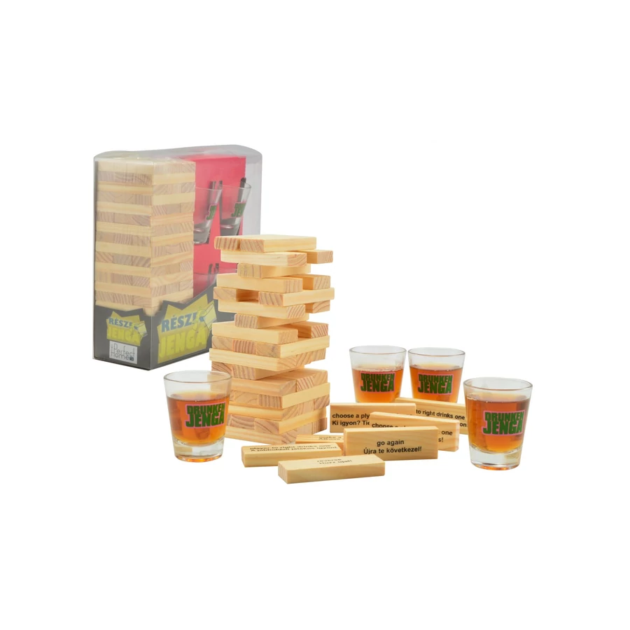 Jenga de băut din lemn cu 60 piese și 4 pahare – joc de petrecere 18+