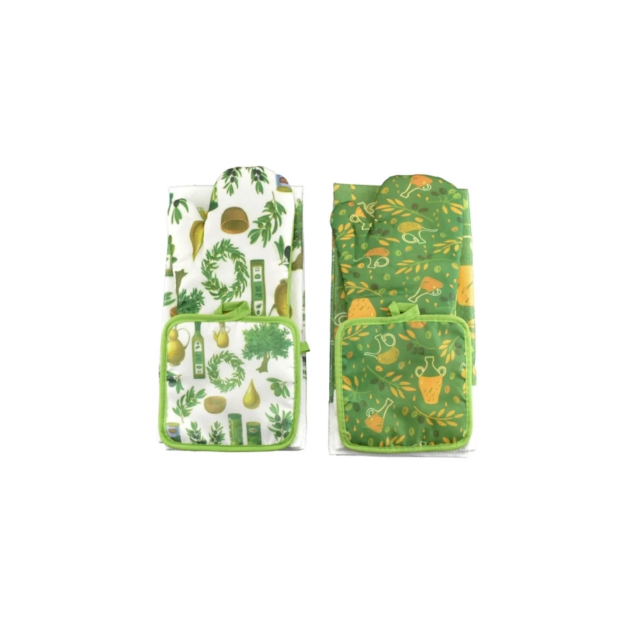 Set textil de bucătărie 3 piese cu mănușă de cuptor, suport termic și prosop