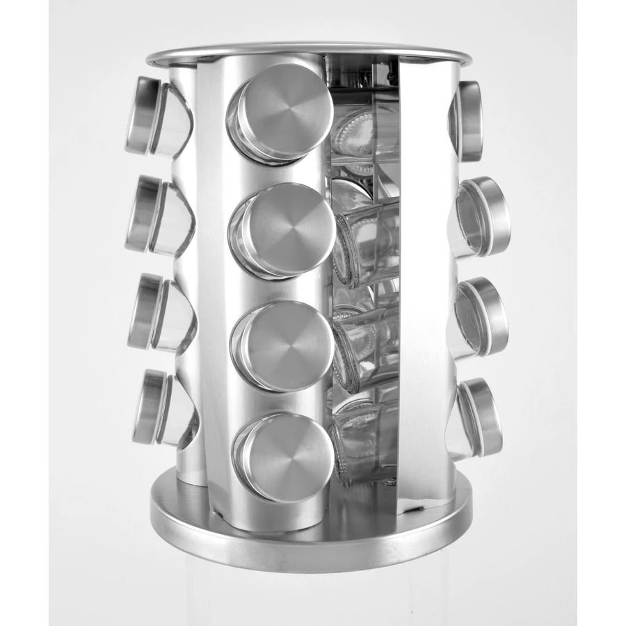 Suport rotativ pentru condimente din inox, cu 16 recipiente din sticla